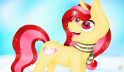 Size: 1280x750 | Tagged: safe, artist:prettyshinegp, oc, oc only, pony, unicorn, clothes, female, horn, looking back, mare, open mouth, scarf, signature, smiling, snow, solo, unicorn oc