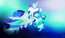 Size: 1280x750 | Tagged: safe, artist:prettyshinegp, oc, oc only, alicorn, pony, alicorn oc, female, flying, horn, mare, signature, solo, wings
