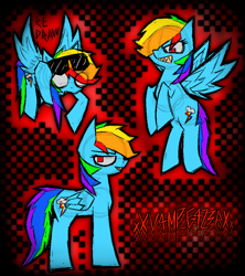 Size: 1570x1768 | Tagged: safe, artist:xxv4mp_g4z3rxx, rainbow dash, pegasus, pony, smile hd, g4, female, flying, folded wings, mare, multicolored hair, rainbow hair, red eyes, sharp teeth, side view, signature, solo, spread wings, sunglasses, sunglasses on head, teeth, text, three quarter view, wings