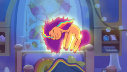 Size: 3410x1920 | Tagged: safe, screencap, sunny starscout, earth pony, pony, alicorn issues, g5, my little pony: tell your tale, spoiler:g5, spoiler:tyts01e14, eyes closed, female, glowing, high res, magic, magic aura, mane stripe sunny, mare, messy mane, sleeping, smiling, solo