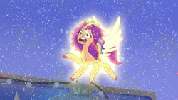 Size: 3410x1920 | Tagged: safe, screencap, sunny starscout, alicorn, pony, alicorn issues, g5, my little pony: tell your tale, spoiler:g5, spoiler:tyts01e14, female, high res, mane stripe sunny, mare, messy mane, open mouth, race swap, solo, spread wings, sunnycorn, wings