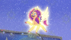 Size: 3410x1920 | Tagged: safe, screencap, sunny starscout, alicorn, pony, alicorn issues, g5, my little pony: tell your tale, spoiler:g5, spoiler:tyts01e14, female, high res, mane stripe sunny, mare, messy mane, messy mane sunny starscout, open mouth, race swap, solo, spread wings, sunnycorn, wings