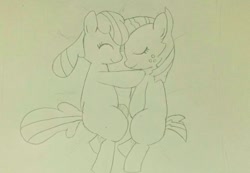 Size: 640x442 | Tagged: safe, artist:up_p_ab, apple bloom, babs seed, earth pony, pony, g4, cousins, eyes closed, female, filly, foal, hug, sketch, traditional art