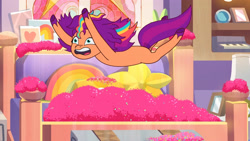 Size: 3410x1920 | Tagged: safe, screencap, sunny starscout, earth pony, pony, alicorn issues, g5, my little pony: tell your tale, spoiler:g5, spoiler:tyts01e14, bed, falling, female, glitter, high res, mane stripe sunny, mare, messy mane, open mouth, solo