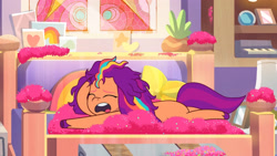 Size: 3410x1920 | Tagged: safe, screencap, sunny starscout, earth pony, pony, alicorn issues, g5, my little pony: tell your tale, spoiler:g5, spoiler:tyts01e14, bed, eyes closed, female, glitter, high res, mane stripe sunny, mare, messy mane, open mouth, solo