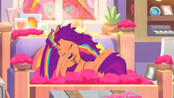 Size: 3410x1920 | Tagged: safe, screencap, sunny starscout, earth pony, pony, alicorn issues, g5, my little pony: tell your tale, spoiler:g5, spoiler:tyts01e14, bed, eyes closed, female, glitter, great moments in animation, high res, mane stripe sunny, mare, messy mane, open mouth, solo