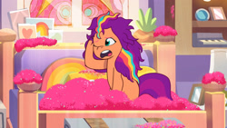 Size: 3410x1920 | Tagged: safe, screencap, sunny starscout, earth pony, pony, alicorn issues, g5, my little pony: tell your tale, spoiler:g5, spoiler:tyts01e14, bed, female, glitter, high res, mane stripe sunny, mare, messy mane, one eye closed, open mouth, solo