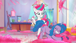 Size: 3410x1920 | Tagged: safe, screencap, izzy moonbow, zipp storm, pegasus, pony, unicorn, alicorn issues, g5, my little pony: tell your tale, spoiler:g5, spoiler:tyts01e14, duo, eyes closed, female, glitter, grin, high res, mare, smiling