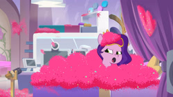 Size: 3410x1920 | Tagged: safe, screencap, pipp petals, pegasus, pony, alicorn issues, g5, my little pony: tell your tale, spoiler:g5, spoiler:tyts01e14, :o, bed, female, glitter, high res, mare, open mouth, solo
