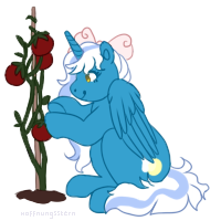 Size: 200x200 | Tagged: safe, artist:hoffnungsstern, oc, oc:fleurbelle, alicorn, pony, alicorn oc, bow, female, food, gardening, hair bow, herbivore, horn, mare, plant, simple background, sitting, tomato, transparent background, wings, yellow eyes