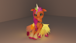 Size: 1920x1080 | Tagged: source needed, safe, anonymous artist, sunny starscout, alicorn, earth pony, pony, g5, my little pony: a maretime bay adventure, 3d, 3d model, alicornified, artificial horn, artificial wings, augmented, bag, blender, female, floppy ears, folded wings, heart, hoof heart, horn, magic, magic horn, magic wings, mare, pins, race swap, saddle bag, sitting, smiling, solo, sunnycorn, underhoof, upside-down hoof heart, wings