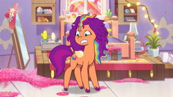 Size: 3410x1920 | Tagged: safe, screencap, sunny starscout, pegasus, pony, alicorn issues, g5, my little pony: tell your tale, spoiler:g5, spoiler:tyts01e14, female, high res, mane stripe sunny, mare, messy mane, pegasus sunny starscout, race swap, shrunken pupils, small wings, solo, wings