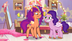 Size: 3410x1920 | Tagged: safe, screencap, pipp petals, sunny starscout, pegasus, pony, alicorn issues, g5, my little pony: tell your tale, spoiler:g5, spoiler:tyts01e14, duo, female, glitter, grin, high res, mane stripe sunny, mare, messy mane, pegasus sunny starscout, race swap, smiling, wings
