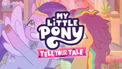 Size: 3410x1920 | Tagged: safe, screencap, pipp petals, sunny starscout, pegasus, pony, alicorn issues, g5, my little pony: tell your tale, spoiler:g5, spoiler:tyts01e14, duo, female, flying, grin, high res, mane stripe sunny, mare, messy mane, my little pony logo, pegasus sunny starscout, race swap, smiling, spread wings, wings