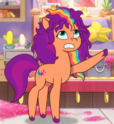 Size: 1235x1345 | Tagged: safe, screencap, sunny starscout, earth pony, pony, alicorn issues, g5, my little pony: tell your tale, spoiler:g5, spoiler:my little pony: tell your tale, spoiler:tyts01e14, cropped, female, glitter, mane stripe sunny, mare, messy mane, solo