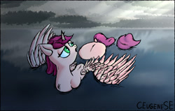 Size: 4320x2754 | Tagged: safe, artist:ceugenese, alicorn, pony, cloud, female, green eyes, horn, light, mare, pink hair, solo, water, wings
