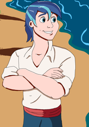 Size: 1026x1472 | Tagged: safe, artist:ocean lover, shining armor, human, g4, beach, blue eyes, clothes, crossed arms, disney, disney style, handsome, human coloration, humanized, male, pants, prince eric, sand, shirt, solo, species swap, teeth, the little mermaid, water, wave
