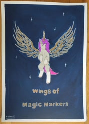 Size: 2250x3141 | Tagged: safe, artist:autumnsfur, oc, oc only, oc:glitter stone, alicorn, earth pony, pony, unicorn, diamond, female, flying, golden wings, high res, marker drawing, no eyes, painting, purple mane, sharpie, simple background, solo, standing on two hooves, stars, text, traditional art, wings
