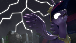 Size: 1920x1080 | Tagged: safe, artist:yrbertthecat, twilight sparkle, alicorn, pony, g4, the last problem, 3d, angry, collar, crying, female, fog, graveyard, immortality blues, jewelry, lightning, mare, older, older twilight, older twilight sparkle (alicorn), open mouth, princess twilight 2.0, rain, song reference, source filmmaker, spread wings, storm, tears of rage, tiara, twilight sparkle (alicorn), twilight sparkle glowing eyes, wings