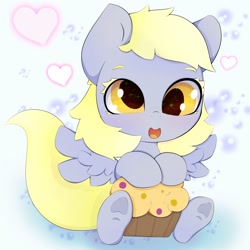 Size: 3000x3000 | Tagged: safe, artist:zokkili, derpy hooves, pegasus, pony, g4, colored eyelashes, cute, derp, derpabetes, female, filly, foal, food, heart, high res, muffin, open mouth, open smile, simple background, sitting, smiling, solo, starry eyes, weapons-grade cute, white background, wingding eyes, wings, younger
