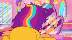 Size: 3410x1920 | Tagged: safe, screencap, sunny starscout, pegasus, pony, alicorn issues, g5, my little pony: tell your tale, spoiler:g5, spoiler:tyts01e14, eyes closed, female, high res, mane melody (location), mane stripe sunny, mare, messy mane, mirror, open mouth, pegasus sunny starscout, race swap, solo