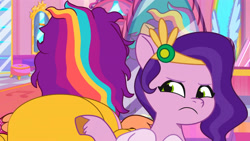Size: 3410x1920 | Tagged: safe, screencap, pipp petals, sunny starscout, pegasus, pony, alicorn issues, g5, my little pony: tell your tale, spoiler:g5, spoiler:tyts01e14, duo, female, high res, mane stripe sunny, mare, messy mane, mirror, pegasus sunny starscout, race swap