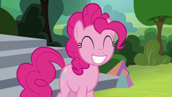 Size: 1280x720 | Tagged: safe, screencap, pinkie pie, earth pony, pony, g4, horse play, season 8, ^^, cute, diapinkes, eyes closed, grin, happy, pinkie smile, shit eating grin, smiling, solo, teeth