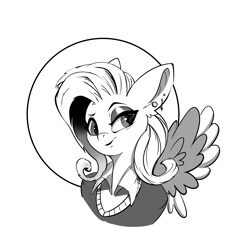 Size: 1925x2013 | Tagged: safe, artist:i love hurt, fluttershy, pegasus, pony, g4, bust, female, fluttergoth, mare, monochrome, nimbus, portrait, solo, wings