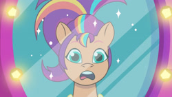 Size: 3410x1920 | Tagged: safe, screencap, sunny starscout, pegasus, pony, alicorn issues, g5, my little pony: tell your tale, spoiler:g5, spoiler:tyts01e14, female, high res, mane stripe sunny, mare, mirror, open mouth, pegasus sunny starscout, ponytail, race swap, solo