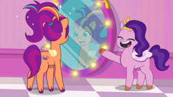 Size: 3410x1920 | Tagged: safe, screencap, pipp petals, sunny starscout, pegasus, pony, alicorn issues, g5, my little pony: tell your tale, spoiler:g5, spoiler:tyts01e14, adorapipp, cute, duo, eyes closed, female, high res, mane stripe sunny, mare, mirror, open mouth, open smile, pegasus sunny starscout, race swap, smiling