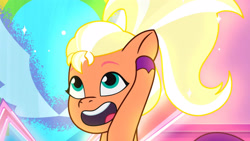 Size: 3410x1920 | Tagged: safe, screencap, sunny starscout, pegasus, pony, alicorn issues, g5, my little pony: tell your tale, spoiler:g5, spoiler:tyts01e14, blonde sunny, female, high res, mare, open mouth, open smile, pegasus sunny starscout, race swap, smiling, solo, transformation