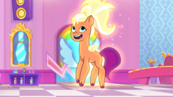 Size: 3410x1920 | Tagged: safe, screencap, sunny starscout, pegasus, pony, alicorn issues, g5, my little pony: tell your tale, spoiler:g5, spoiler:tyts01e14, female, high res, mare, open mouth, open smile, pegasus sunny starscout, race swap, smiling, solo, transformation