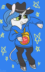 Size: 459x741 | Tagged: dead source, safe, artist:comickit, oc, oc only, oc:somasis, pony, unicorn, 2014, alarm clock, bipedal, clock, clothes, female, hat, hoodie, rapper, solo