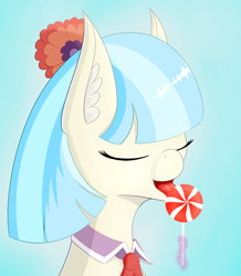 Size: 1650x1890 | Tagged: safe, artist:drakang, coco pommel, earth pony, pony, g4, bow, bust, candy, ear fluff, eating, eyes closed, female, food, hair, hair bow, lollipop, mare, portrait, solo