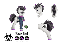Size: 5427x3791 | Tagged: safe, alternate version, artist:rinikka, oc, oc only, oc:haze rad, pony, unicorn, fallout equestria, bag, bust, clothes, colored hooves, commissioner:biohazard, eyebrows, eyewear, glasses, high res, highlights, horn, jumpsuit, lidded eyes, male, mohawk, multiple views, pipbuck, portrait, purple eyes, rear view, reference sheet, saddle bag, scarf, side view, simple background, smiling, solo, stallion, sunglasses, transparent background, unicorn oc, unshorn fetlocks, vault suit