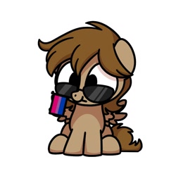 Size: 800x800 | Tagged: safe, artist:sugar morning, oc, oc only, oc:talu gana, pegasus, pony, accessory swap, bisexual pride flag, chibi, commission, commissioner:biohazard, cute, male, mouth hold, ocbetes, pegasus oc, pride, pride flag, simple background, sitting, solo, stallion, sunglasses, white background, ych result