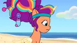 Size: 3410x1920 | Tagged: safe, screencap, sunny starscout, alicorn, pony, alicorn issues, g5, my little pony: tell your tale, spoiler:g5, spoiler:tyts01e14, beach, female, high res, mane stripe sunny, mare, race swap, sad, solo, sunnycorn