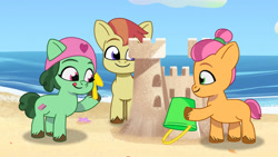Size: 3410x1920 | Tagged: safe, screencap, bubbles (g5), slide rule, earth pony, pony, alicorn issues, g5, my little pony: tell your tale, spoiler:g5, spoiler:tyts01e14, :p, beach, colt, female, filly, foal, high res, male, smiling, tongue out, trio, unnamed character, unnamed pony