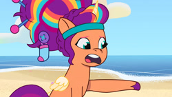 Size: 3410x1920 | Tagged: safe, screencap, sunny starscout, alicorn, earth pony, pony, alicorn issues, g5, my little pony: tell your tale, spoiler:g5, spoiler:tyts01e14, beach, female, high res, mane stripe sunny, mare, open mouth, race swap, solo, sunnycorn