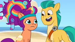 Size: 3410x1920 | Tagged: safe, screencap, hitch trailblazer, sunny starscout, alicorn, earth pony, pony, alicorn issues, g5, my little pony: tell your tale, spoiler:g5, spoiler:tyts01e14, beach, duo, female, high res, male, mane stripe sunny, mare, open mouth, open smile, race swap, smiling, stallion, sunnycorn