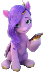 Size: 297x489 | Tagged: safe, edit, edited screencap, screencap, pipp petals, pegasus, pony, g5, my little pony: make your mark, my little pony: make your mark chapter 1, spoiler:my little pony: make your mark, 3d, background removed, cellphone, female, mare, phone, png, simple background, sitting, solo, transparent background