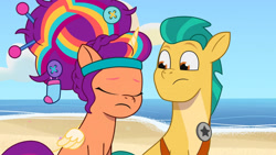 Size: 3410x1920 | Tagged: safe, screencap, hitch trailblazer, sunny starscout, alicorn, earth pony, pony, alicorn issues, g5, my little pony: tell your tale, spoiler:g5, spoiler:tyts01e14, beach, duo, eyes closed, female, high res, male, mane stripe sunny, mare, race swap, stallion, sunnycorn
