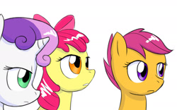Size: 2048x1280 | Tagged: safe, artist:zokoira, apple bloom, scootaloo, sweetie belle, earth pony, pegasus, pony, unicorn, g4, cutie mark crusaders, simple background, white background