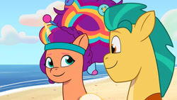 Size: 3410x1920 | Tagged: safe, screencap, hitch trailblazer, sunny starscout, alicorn, earth pony, pony, alicorn issues, g5, my little pony: tell your tale, spoiler:g5, spoiler:tyts01e14, beach, duo, female, high res, looking at each other, looking at someone, male, mane stripe sunny, mare, race swap, shipping fuel, smiling, smiling at each other, stallion, sunnycorn
