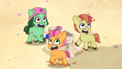 Size: 3410x1920 | Tagged: safe, screencap, bubbles (g5), slide rule, earth pony, pony, alicorn issues, g5, my little pony: tell your tale, spoiler:g5, spoiler:tyts01e14, beach, colt, female, filly, foal, high res, male, open mouth, trio, unnamed character, unnamed pony