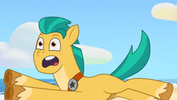 Size: 3410x1920 | Tagged: safe, screencap, hitch trailblazer, earth pony, pony, alicorn issues, g5, my little pony: tell your tale, spoiler:g5, spoiler:tyts01e14, beach, high res, male, open mouth, solo, stallion