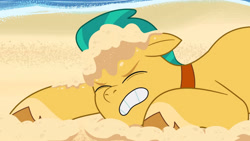 Size: 3410x1920 | Tagged: safe, screencap, hitch trailblazer, earth pony, pony, alicorn issues, g5, my little pony: tell your tale, spoiler:g5, spoiler:tyts01e14, beach, eyes closed, floppy ears, high res, male, solo, stallion