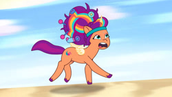 Size: 3410x1920 | Tagged: safe, screencap, sunny starscout, alicorn, pony, alicorn issues, g5, my little pony: tell your tale, spoiler:g5, spoiler:tyts01e14, beach, female, high res, mane stripe sunny, mare, open mouth, race swap, running, solo, sunnycorn