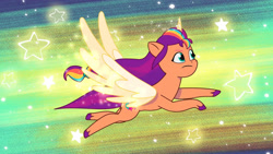Size: 3410x1920 | Tagged: safe, screencap, sunny starscout, alicorn, pony, alicorn issues, g5, my little pony: tell your tale, spoiler:g5, spoiler:tyts01e14, beach, female, high res, mane stripe sunny, mare, race swap, solo, spread wings, sunnycorn, wings