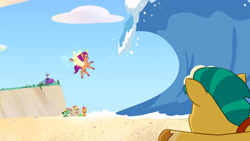 Size: 3410x1920 | Tagged: safe, screencap, bubbles (g5), hitch trailblazer, slide rule, sunny starscout, alicorn, earth pony, pony, alicorn issues, g5, my little pony: tell your tale, spoiler:g5, spoiler:tyts01e14, beach, colt, crystal brighthouse, eyes closed, female, filly, foal, high res, male, mane stripe sunny, mare, open mouth, race swap, spread wings, stallion, sunnycorn, unnamed character, wave, wings